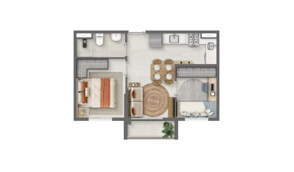 Plantas - 2 dorms (35m²) meio ampliado