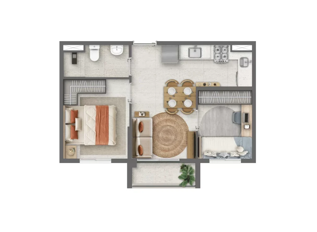 Plantas - 2 dorms (35m²) meio ampliado